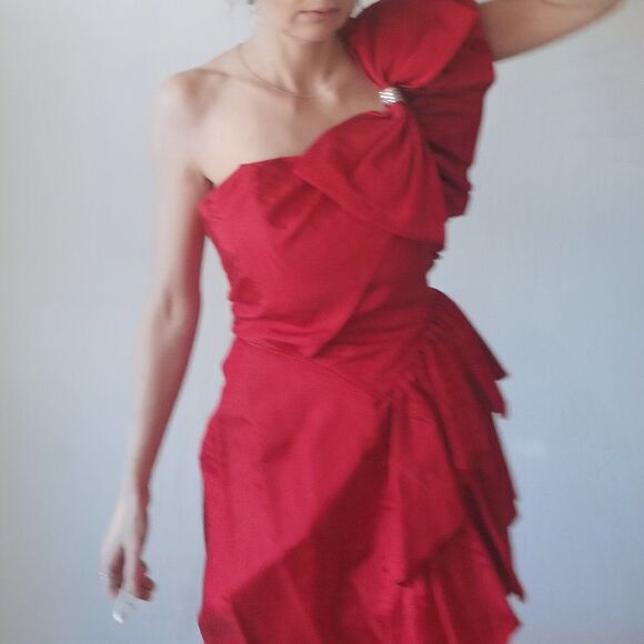 Vintage 90s Cherry one Shoulder Red Party Dress with Side Ruffle and Bow Vday - Picture 6 of 10
